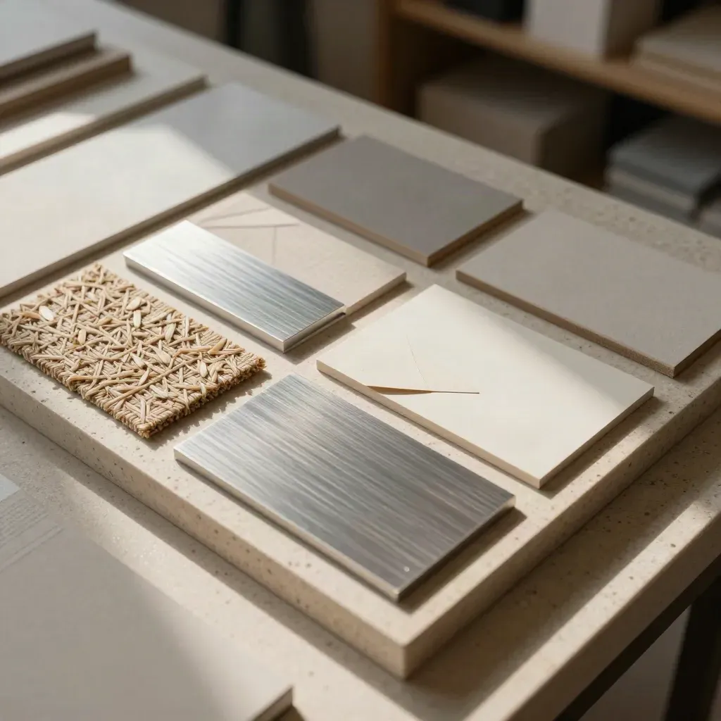 Top-down tray of mixed sourcing samples on travertine, with brushed metal, textile, paperboard and ceramic