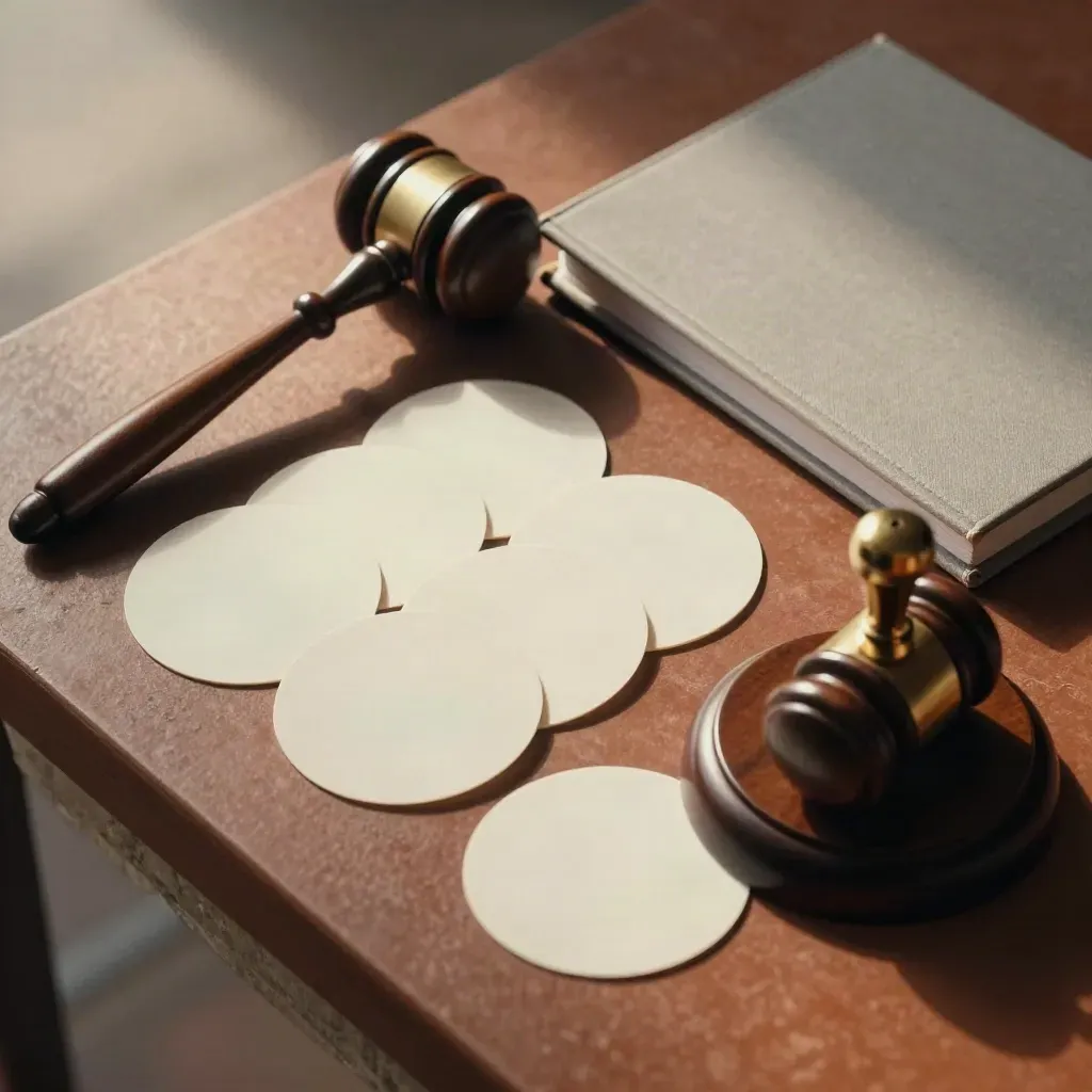 Gavel, voting discs, seal stamp, and rule binder on terracotta clay under dramatic light