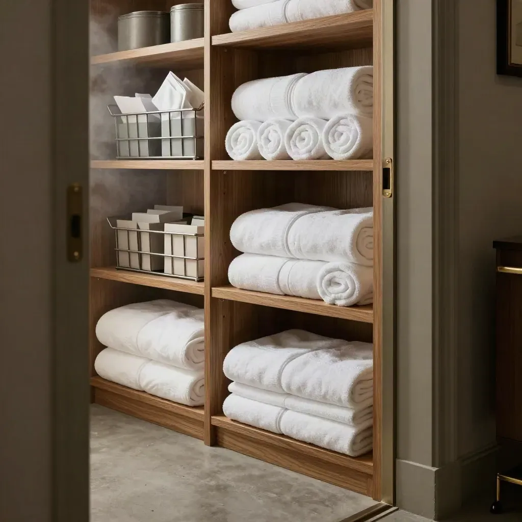 Cinematic hotel linen room with towels, duvet bundles and amenity caddies on warm shelves.