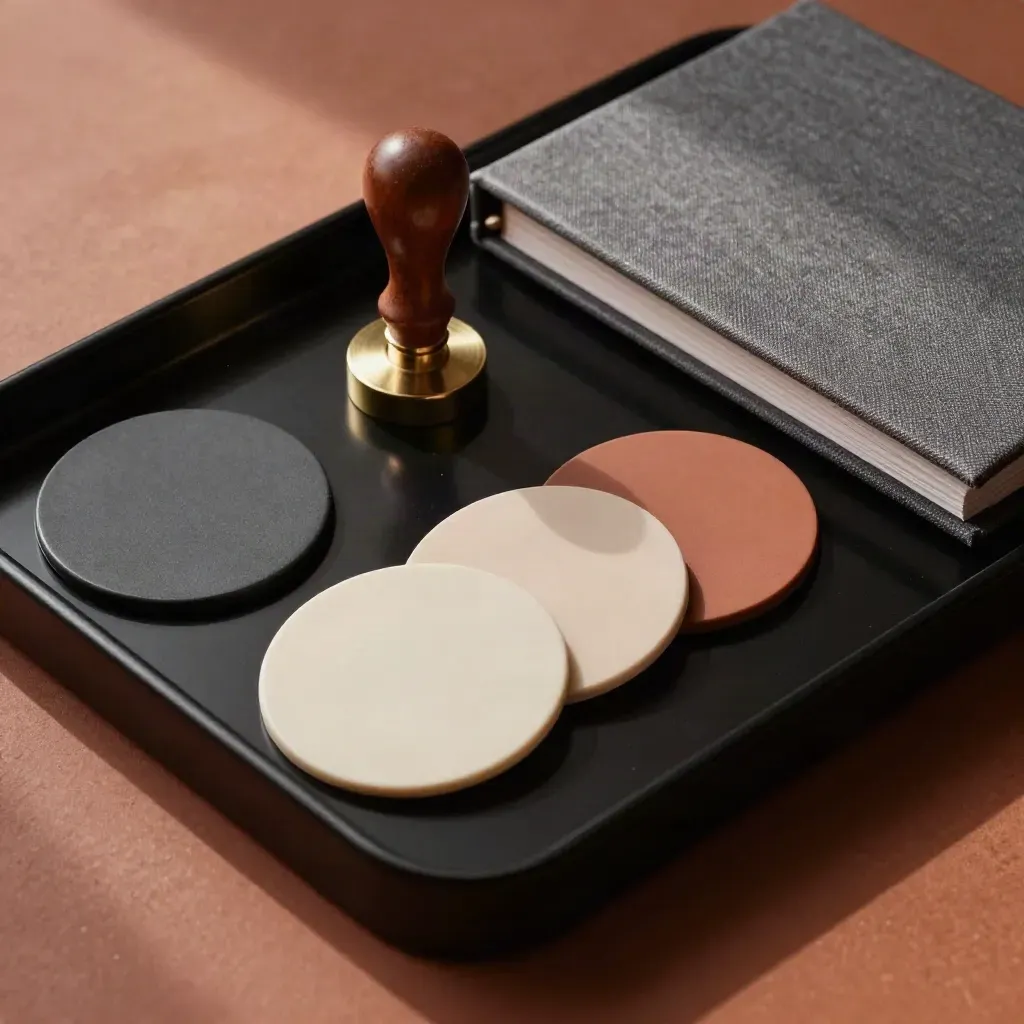 Overhead macro of governance discs, seal stamp, closed binder and lacquer tray on terracotta clay.