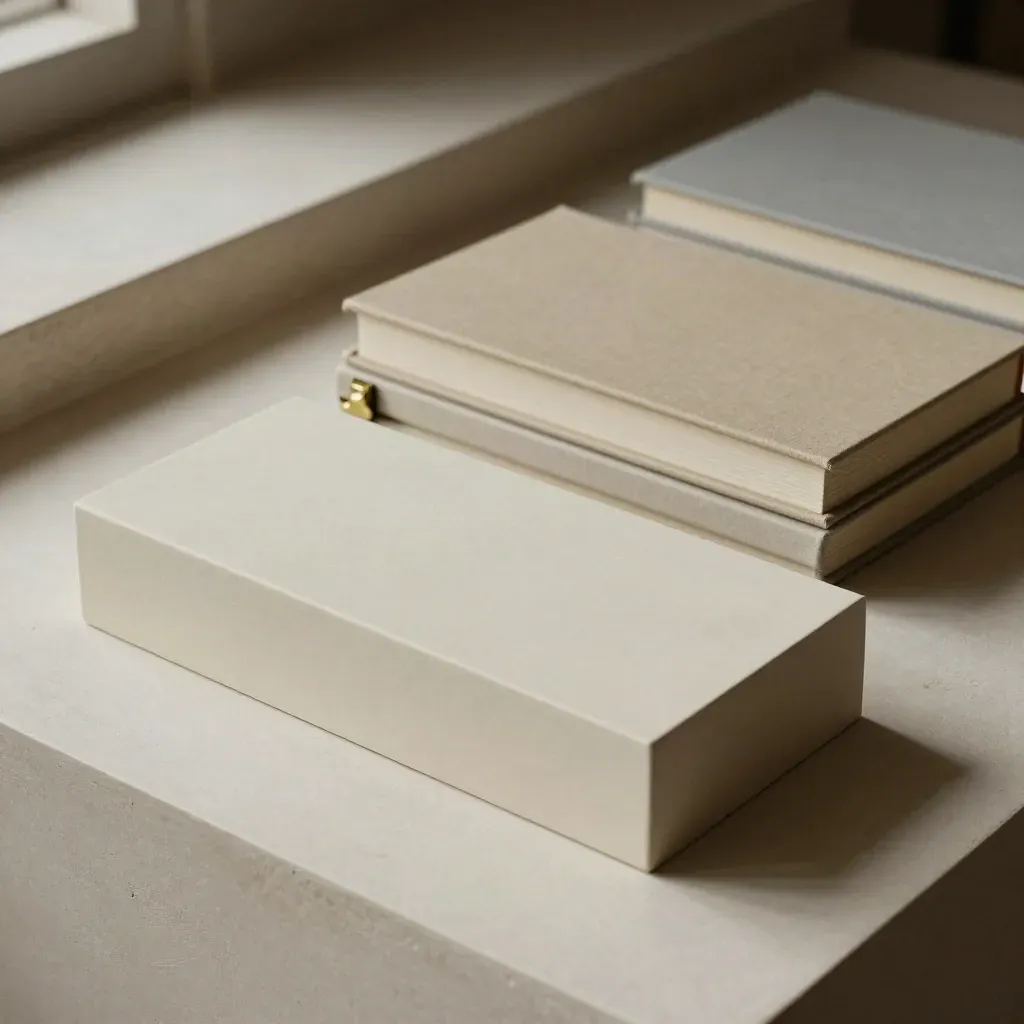 Three plan blocks, brass clip and closed binders on a pale plaster sweep with soft morning light.