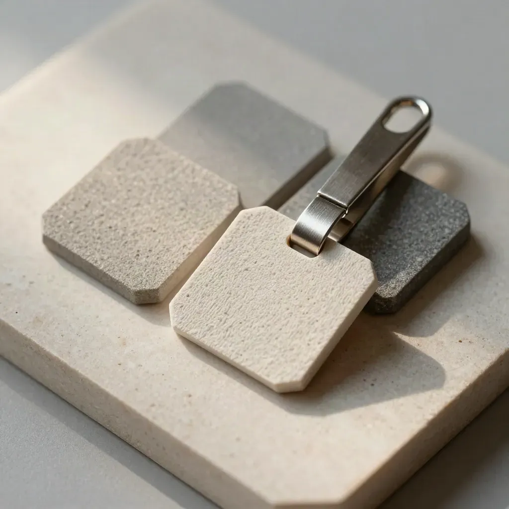 Overhead of three material chips clipped together on stone, one chip pulled forward.