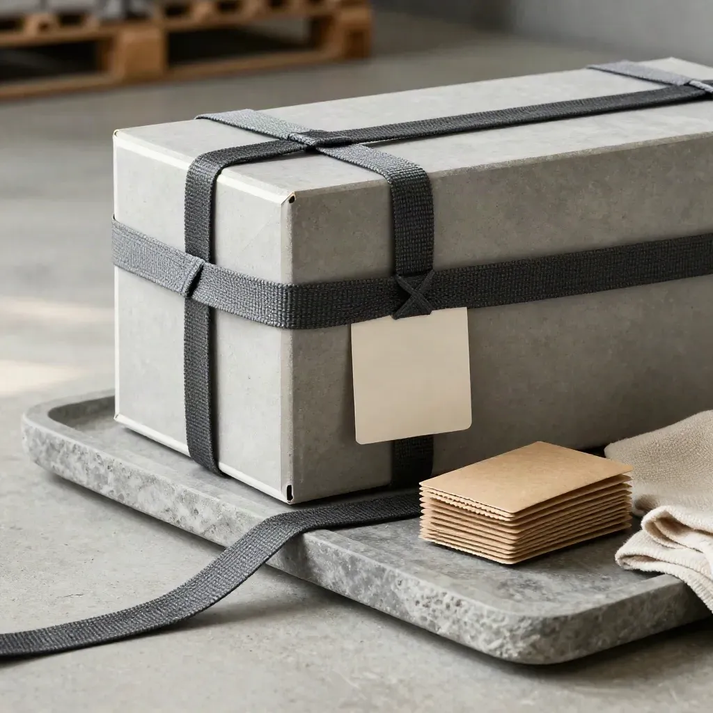 Carton corner cinched for launch on a stone tray with route tag, edge protectors, and folded cloth.