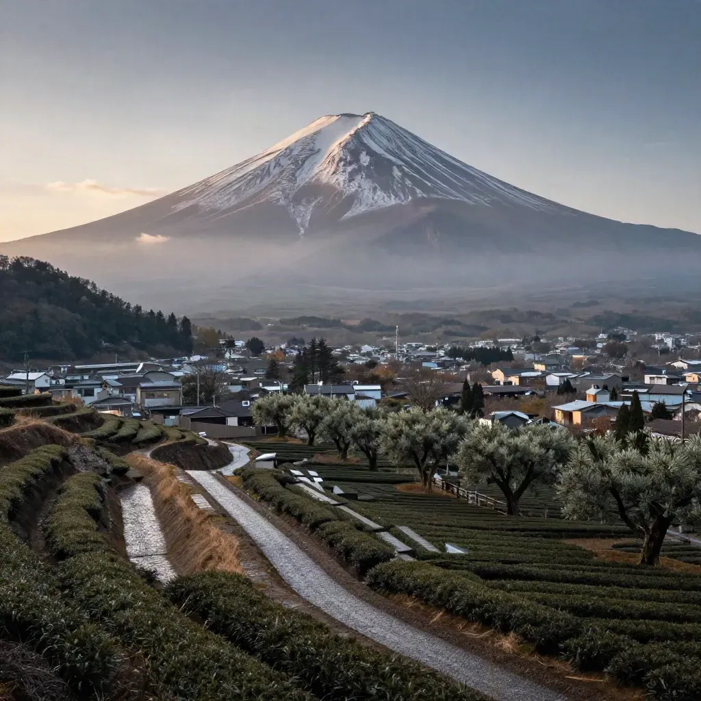 Mount Fuji above misty tea fields and a low industrial plain at blue hour after rain.