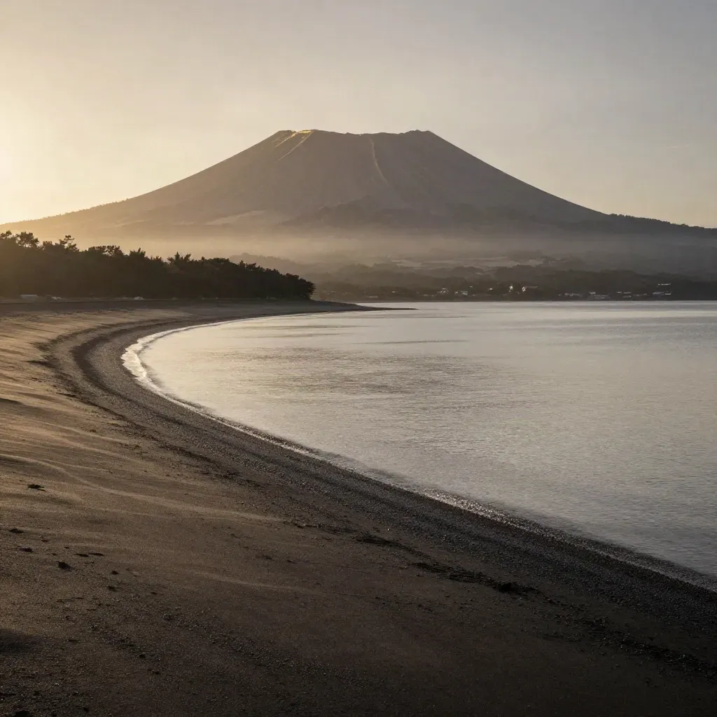 Sakurajima rises over Kagoshima Bay in warm haze, with calm reflective water and a dark shoreline.